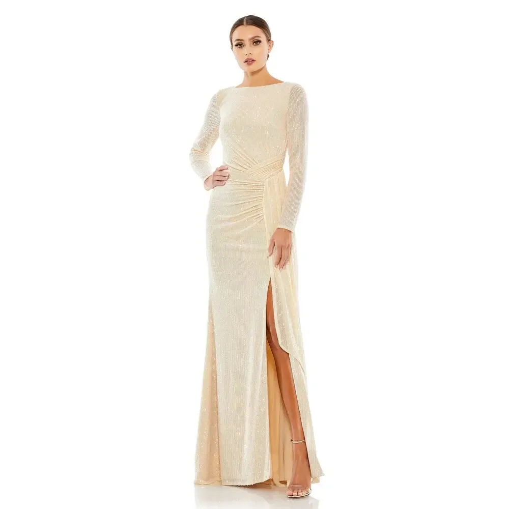 IEENA FOR MAC DUGGAL 26715 Sequin Ruched Long Sleeve Boat Neck Gown Pearl 4 NEW